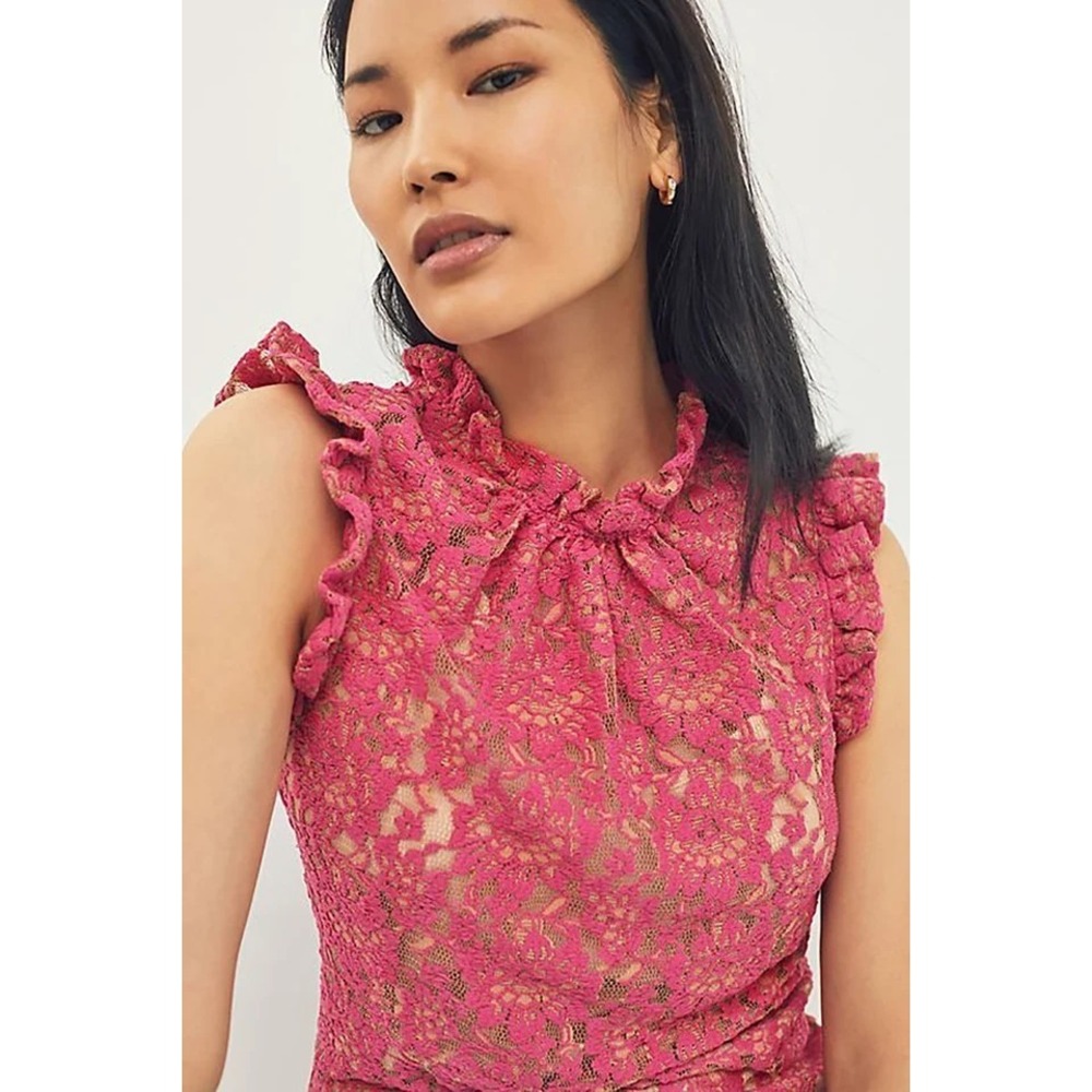 Dolan Anthropologie Pink Tan Lace Overlay Ruffle Cute Coquette Blouse Size Large